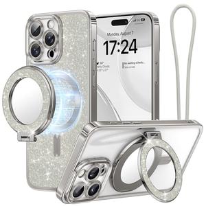 Meifigno Magnetic Case with Removable Phone Ring Stand for iPhone 16 Pro, [Glitter Card & Wrist Strap] [MagSafe Compatible] [Built in Mirror] Magnetic Phone Ring Holder + 16 Pro Case Kit, Silver