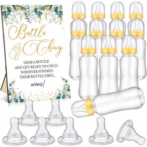 TrelaCo Greenery Cool Baby Shower Games Bottle Chug Sign Wooden Neutral Greenery Floral Gift Sets Gender Reveal Party Favors and 12 Pcs Baby Bottle Shower Favor for Games Gender Reveal