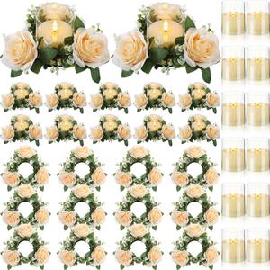 Yunlly 12 Pcs Rose Candle Rings with Flameless Candles Sets, Artificial Flower Eucalyptus Wedding Centerpiece 3 Inch Pillar Candleholders Wreaths for Wedding Party Mother's Day (Champagne)