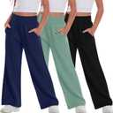 3 Pack Girls Flowy Wide Leg Pants Summer Lightweight Pants High Elastic Waist Loose Uniform Trousers for 13-14y Kids (Black, Gray Green, Navy Blue)