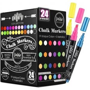 Loddie Doddie Chalk Markers - Pack of 24, 6mm Reversible Tips - Liquid Chalk Pens for Glass & Windows - Dry Erase Chalkboard Markers for Blackboard & Calendars - Non-Toxic Pens for Art & Decor