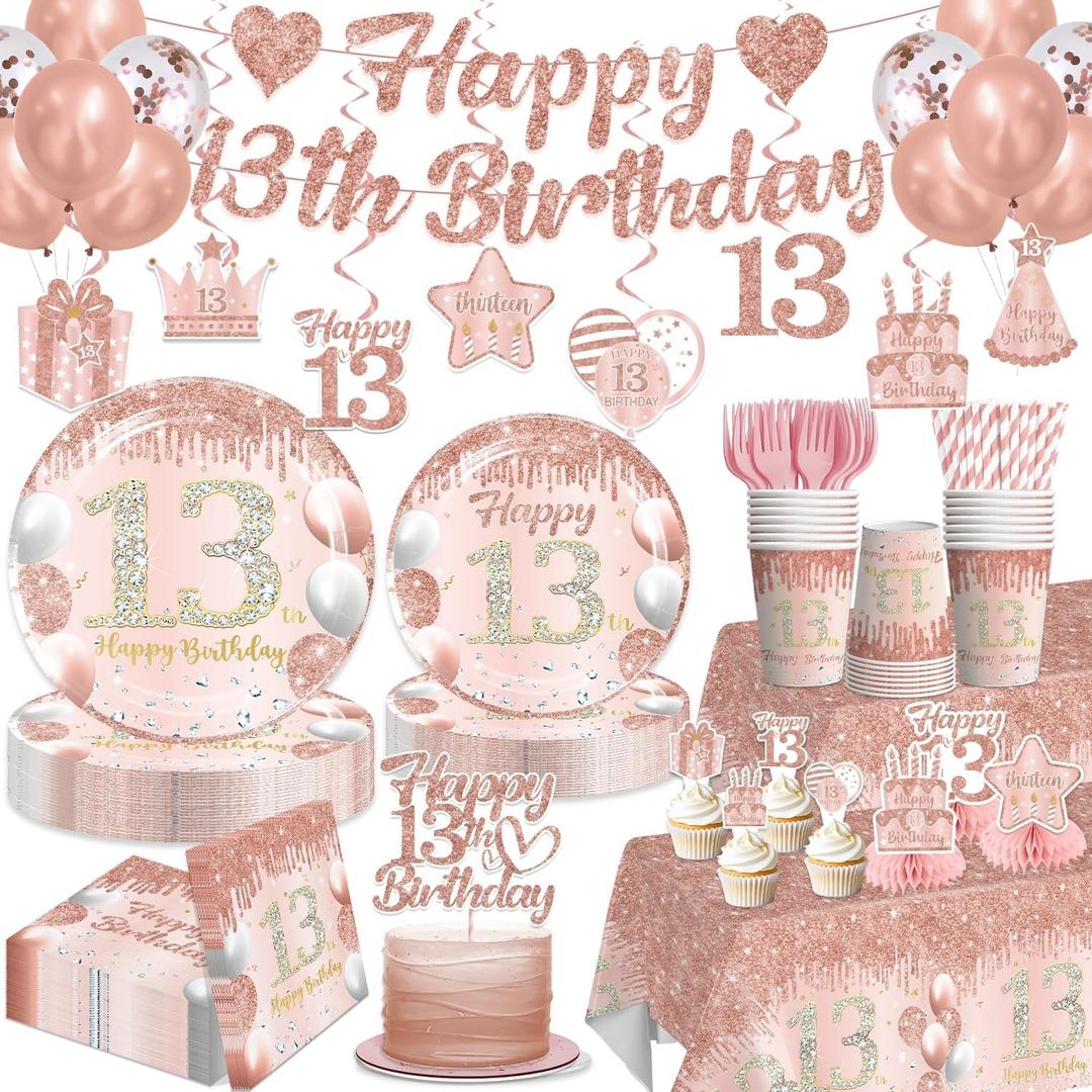 Pink 13th Birthday Decorations for Girls with Cake Topper, 25 Serves 13th Birthday Disposable Tableware Set, 2pcs Table Cloth, Banner, for Thirteen Birthday Decorations for Girls