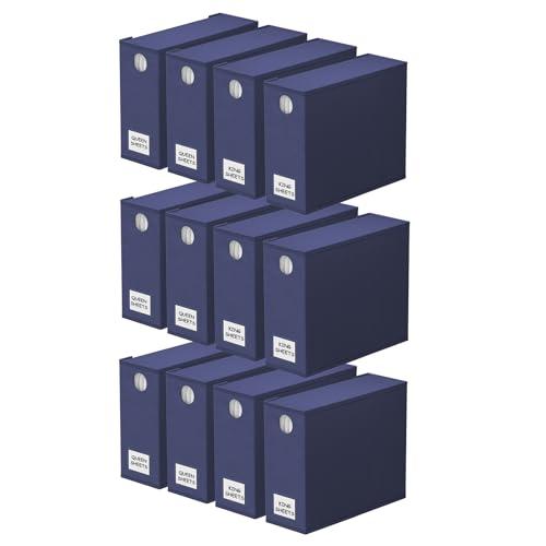 SpaceAid 12 Pack Bed Sheet Organizers and Storage, Foldable Linen Closet Organizer, Set Folder Keeper With Window XL (Queen & King Size) Bedding Container (Navy Blue)