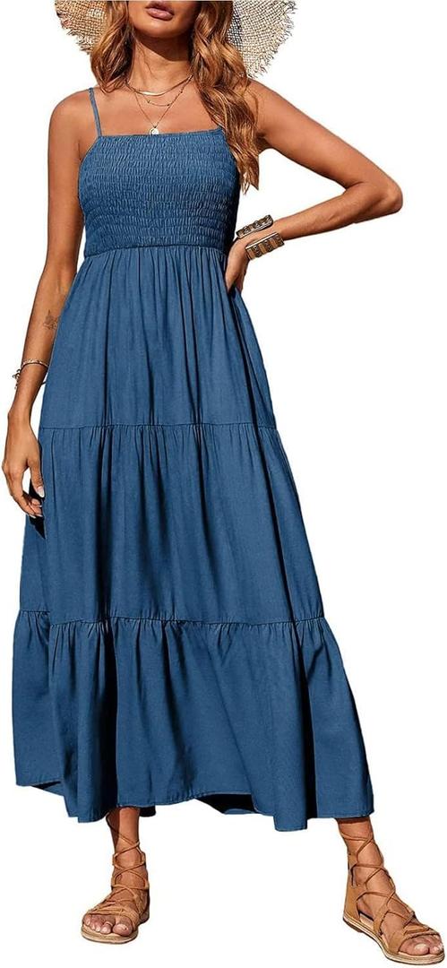 PRETTYGARDEN Women's Summer Maxi Dress 2025 Casual Boho Sleeveless Spaghetti Strap Smocked Tiered Long Beach Sundresses (Dark Blue, Size S)