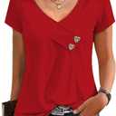 Womens Short Sleeve Summer Tops Button V Neck Tunic Shirts Dressy Casual Loose Fit Outfits (Red, S)
