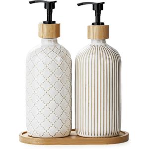 Getstar Hand and Dish Soap Dispenser Set, Ceramic Soap Dispenser for Bathroom and Kitchen with Rust Proof Pump and Tray, Set of 2 (Black Pump)
