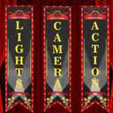 3PCS Movie Night Porch Sign Banner Movie Theme Party Decorations Lights Camera Action Hanging Porch Sign Theater Welcome Now Showing Banner for Film Home Backdrop Party Supplies