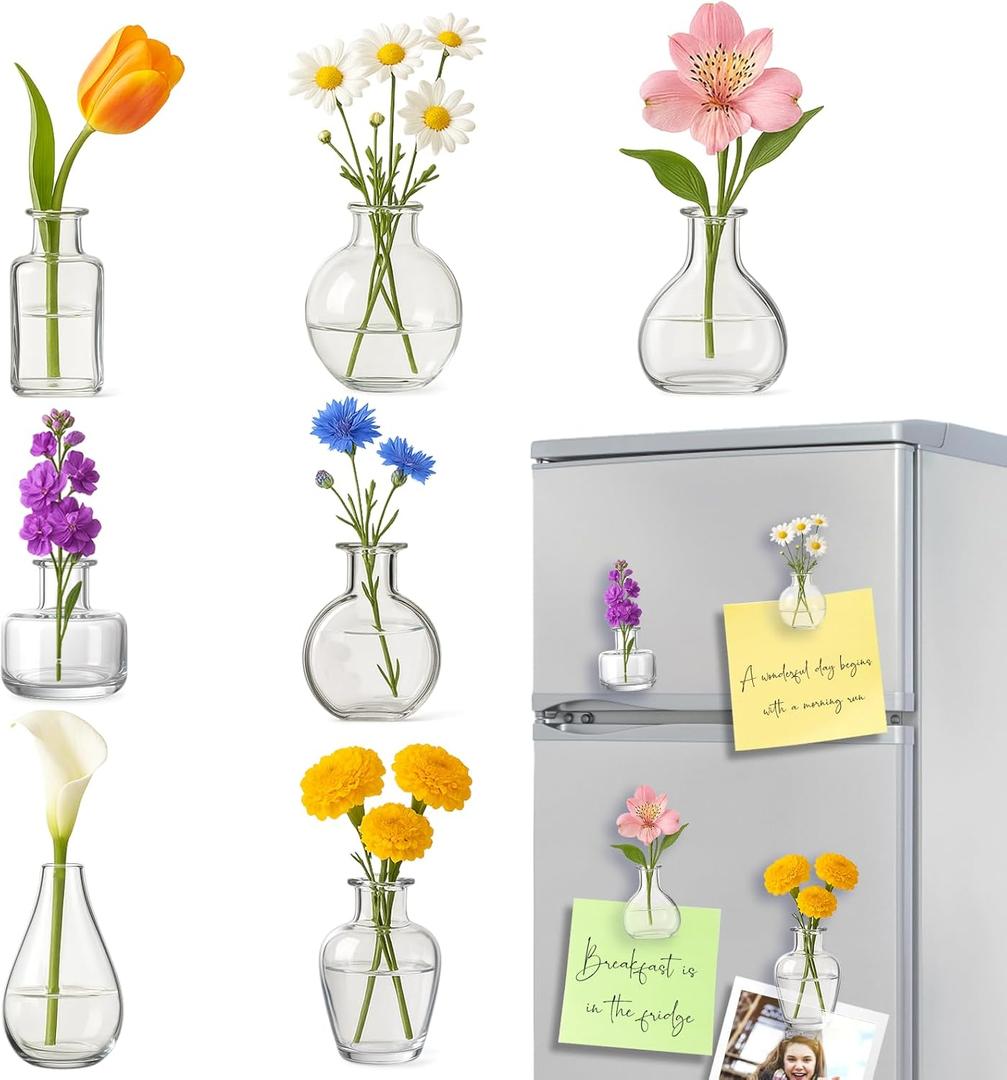 7PCS Mini Vase Magnets for Fridge - 3D Glass Bud Vase Magnets Fridge Decoration Set Design for Refrigerator, Lockers & Office Spaces 7PCS Mini Vase Magnets for Fridge - 3D Glass Bud Vase Magnets Fridge Decoration Set Design for Refrigerator, Lockers & Office Spaces