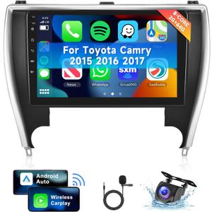 [8 CORE 2G+64G] Car Radio for Toyota Camry 2015 2016 2017 with Wireless Carplay/Android Auto, 10.1 Inch Android 13 IPS Touch Screen Car Stereo, Bluetooth, GPS, WiFi, SWC, DSP + Backup Camera