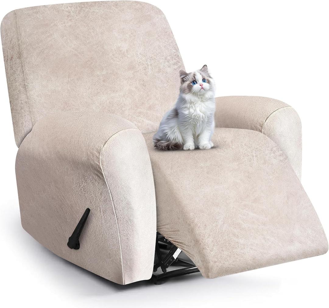 ANARACHON Leather Look Recliner Chair Covers, 4-Pieces Stretch Recliner Cover, Soft Reclining Chair Slipcover, Washable Furniture Protector for Pets (1 Seater, Beige)