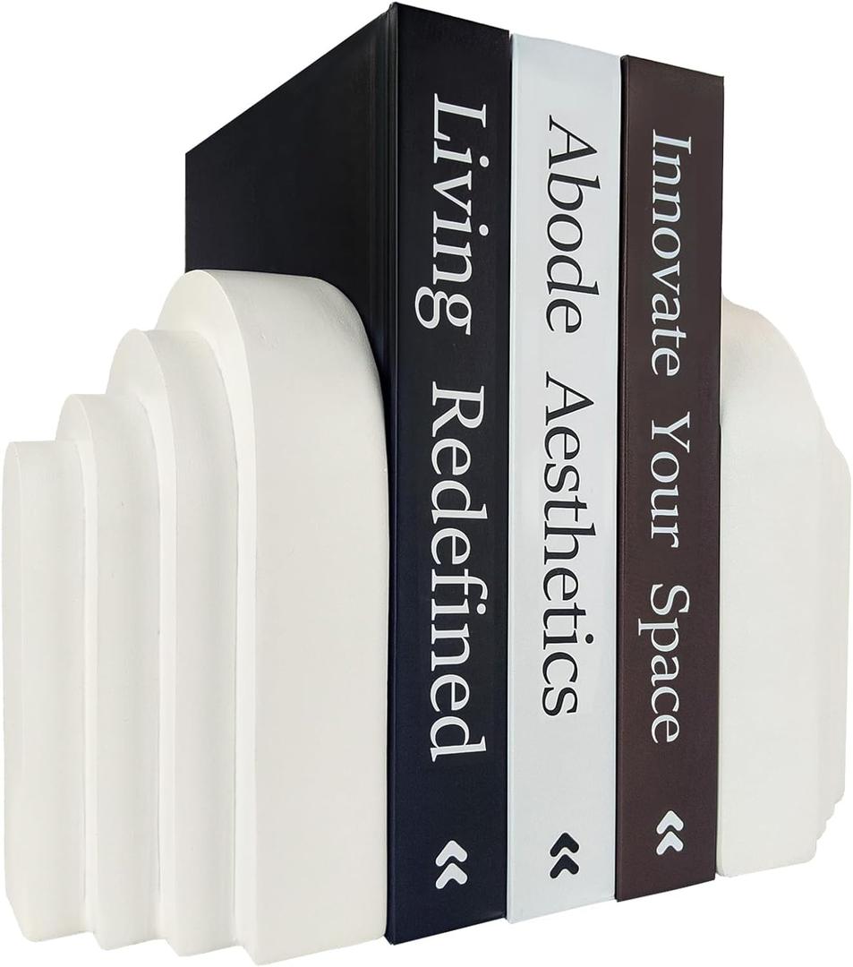 Book Ends for Heavy Books, Resin Decorative bookends, Heavy Duty Book end for Shelves, Book Stopper for Shelves, Modern Home Decor Aesthetic Book Ends, Layered Arch Design Set of 2(Cream White)