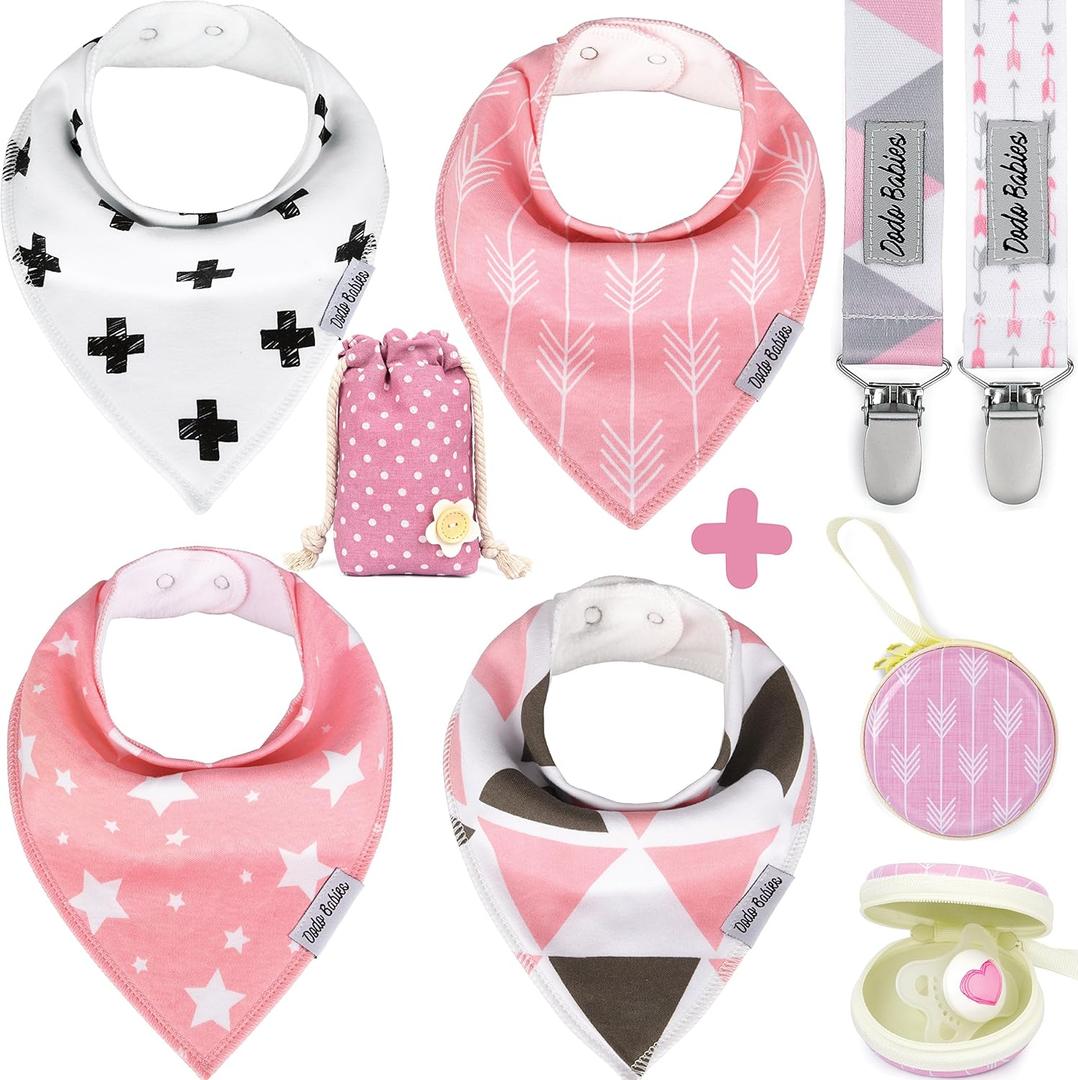 Dodo Babies Baby Bandana Drool Bibs For Girls + 2 Pacifier Clips + Pacifier Case in a Gift Bag, Pack of 4 Premium Quality, Excellent Baby Shower/Registry Gift (Pink/White/Black)