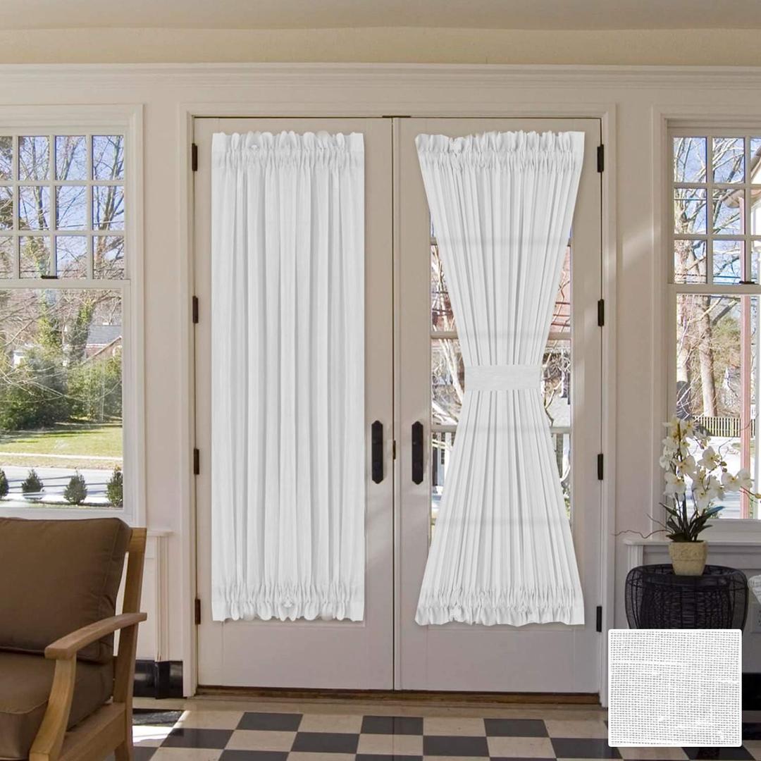 H.VERSAILTEX Linen French Door Curtains Privacy Light Reducing Door Curtain with Tieback | Rod Pocket Curtain Sheer 1 Panel for Glass Door Feature Open Weave Textured Linen - 52" W x 72" L - White