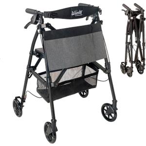Stander Wonder Rollator Plus, Lightweight Folding Mobility Rolling-Walker, EZ Fold-N-Go-Rollator for Seniors and Adults, 6-inch Wheels, Locking Brakes and Padded Seat with Backrest, Matte Black