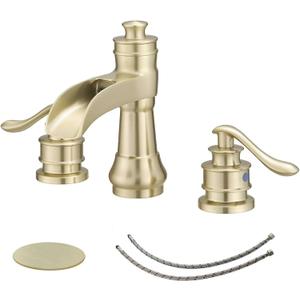 BWE 8 Inch Widespread Bathroom Faucet Brushed Gold Waterfall Bathroom Faucet 3 Hole 2 Handle Modern Basin Lavatory Vanity Sink Faucet with Pop Up Drain Assembly and Supply Hose (6.81 inch Widespread Version)