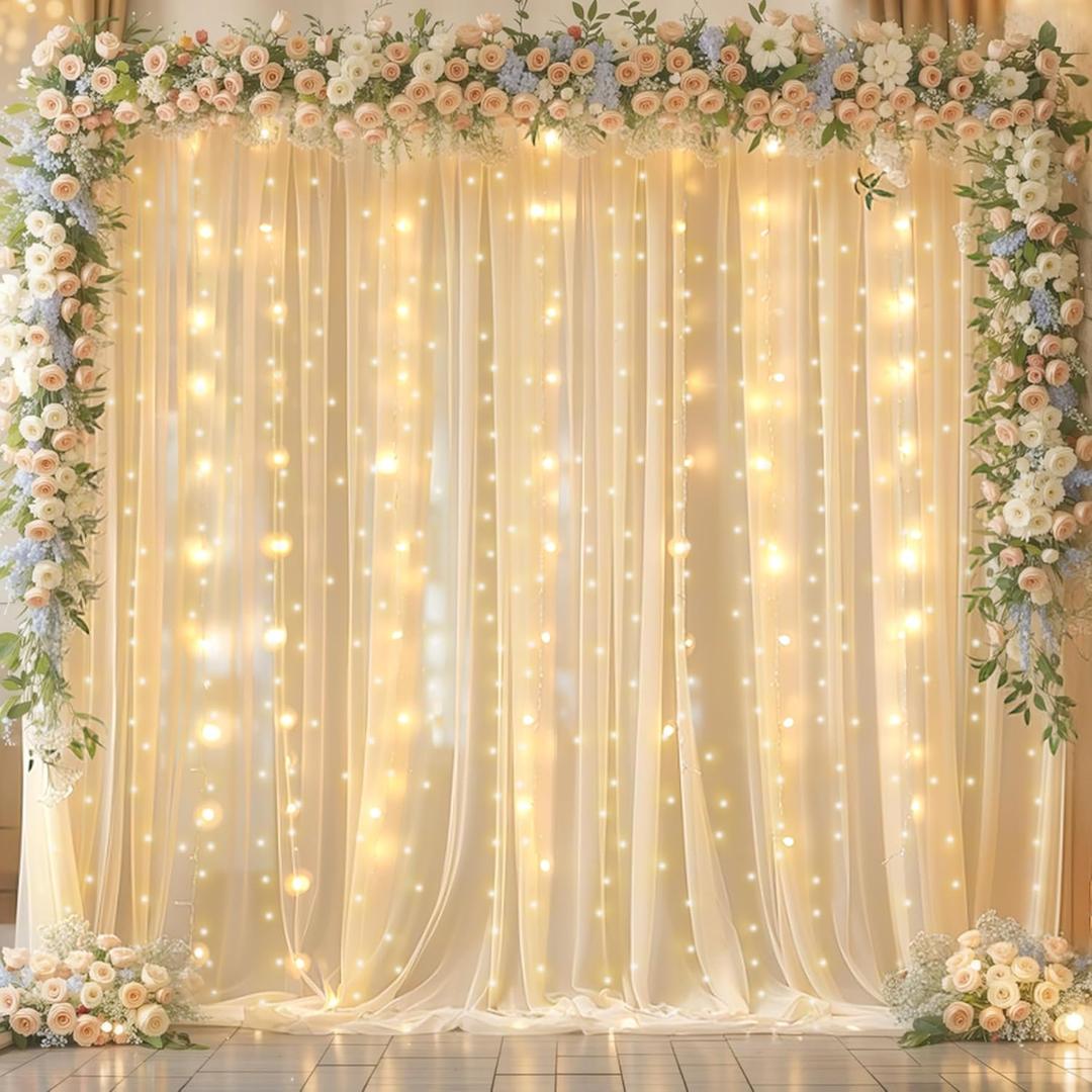 10x10ft Champagne Chiffon Backdrop Curtain with Lights String for Wedding Sheer Tulle Curtain Photo Backdrops Drapes for Baby Shower Birthday Party Home Ceremony Decorations