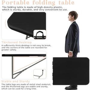 Set of 2 Folding Table 8 FT Camping Table Portable Heavy Duty Plastic Rectangular Outdoor Dining Table Steel Legs Fold-in-Half with Carrying Handle for Indoor,Picnic,Party,Wedding,Events(Black)