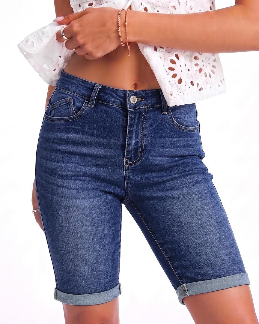 luvamia Bermuda Jean Shorts Women High Rise Stretchy Cuffed Hem Denim Jorts | Trendy High Waisted, Long Denim Shorts, 10 Inch Inseam, Knee Length, Casual, Rolled Hem, BBL Shorts, Summer Outfits for Women (Blue, Large)