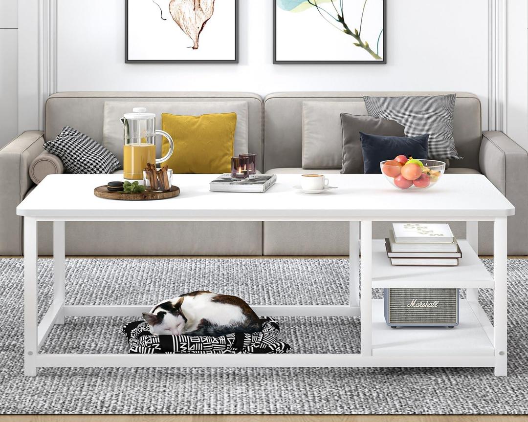 EXCEFUR White Coffee Table, Modern Rustic Wood Center Table with Storage for Living Room, Industrial Rectangle Cocktail Tea Table, 47 Inch, 47.2 Inch