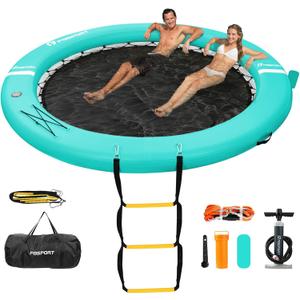 FBSPORT Inflatable Dock Floating Platform, Inflatable Water Hammock Floating Deck for Lake W/Cupholder, Round Floating Ring Sunchill Float Ring, Pool Float Raft Lounger Island Platform Pad (Mint Green)