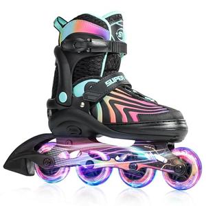 SUPER YOUNGSTER Girls Inline Skates for Boys Kids Ages 4-12, Adjustable Light Up Roller Skates for Youth Teens Ages 8-12, Beginner Blades for Women Adults, Size L , US 4-7, Neon