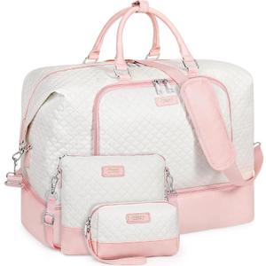 Travel Weekender Bag for Women, 21" Overnight Bag with Shoe Compartment 50L Large Travel Duffel Bag Carry On Tote for Weekend, Overnight, Business Trips, Water Resistant (Pink White 3pcs)