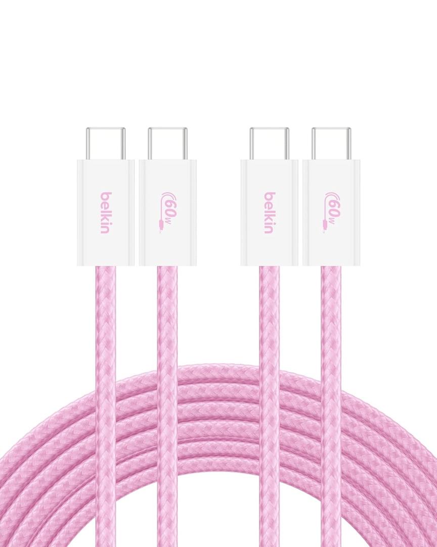 Belkin USB C to USB C Cable 2-Pack, 9.9ft, 60W - Type C Charger, iPhone Charger Cord, Soft, Braided, Flexible for iPhone 17, Galaxy S25, Pixel 10, Airpods, iPad Pro & More, Travel Essentials - Pink