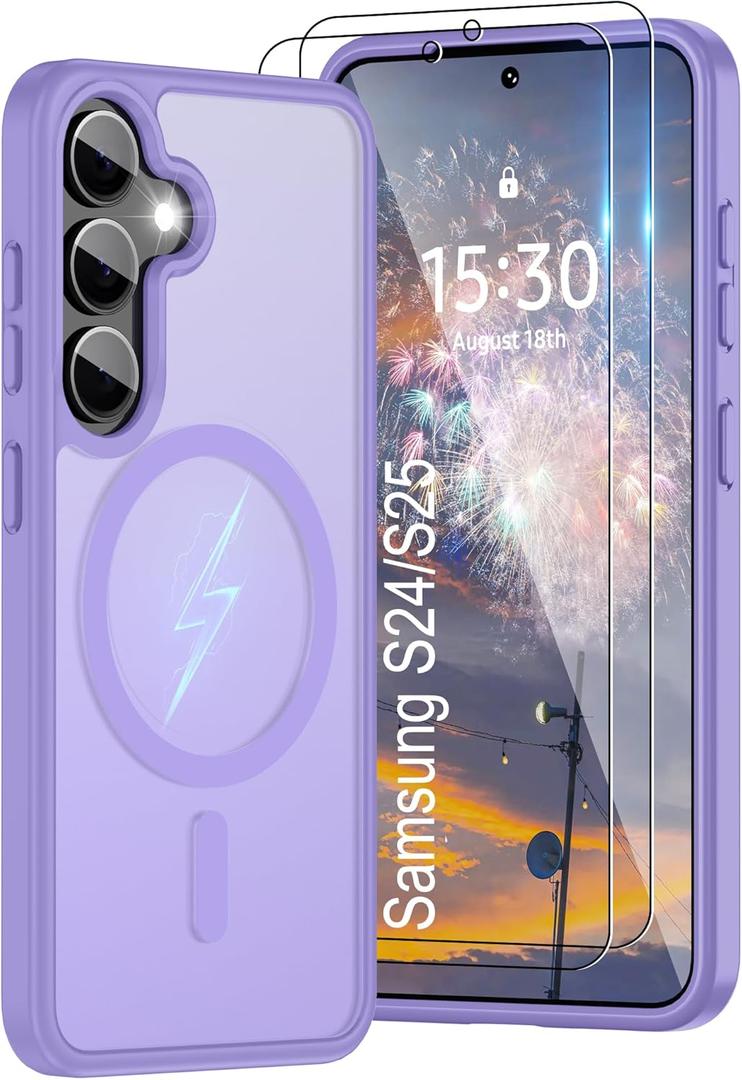 For Samsung Galaxy S24 Case & Galaxy S25 Case [Compatible with Magsafe] Translucent Matte Magnetic Phone Case,Slim Thin Duty Shockproof Protection with 2pc Screen Protector for S24/S25-Light purple