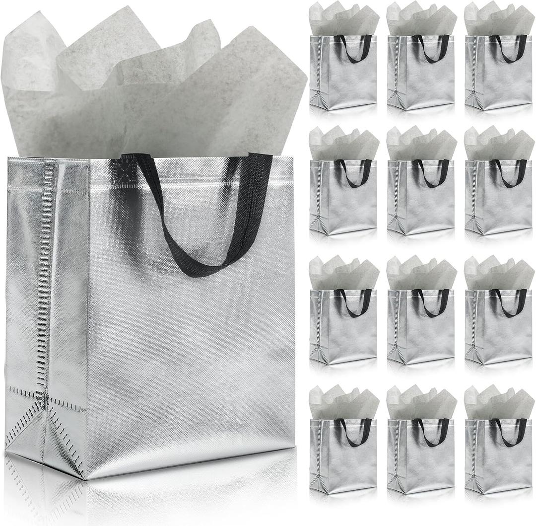 KeerxunBag 12pcs Reusable Gift Bags（Includes Tissue Paper） Gift bag with handle Birthdays Parties Holidays Weddings Medium 10x4x8in silver Gift Bags