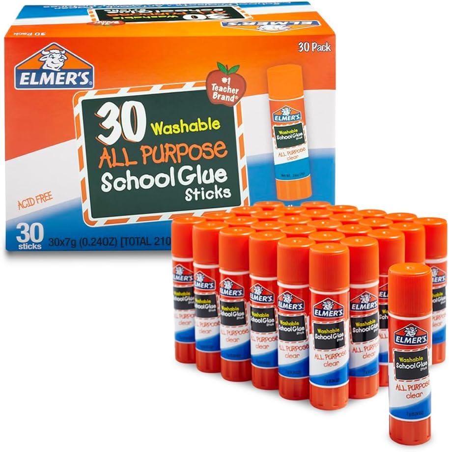 Elmer's All Purpose School Glue Sticks, Acid-Free and Washable, Clear, 7 Grams, 30 Count - Craft Projects, Poster, Classroom Supplies, #1 Teacher Brand