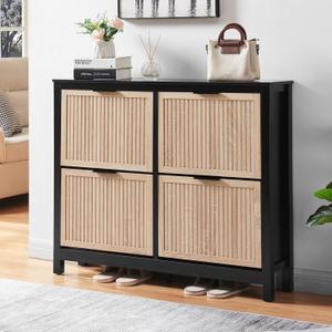 4 Flip Drawers Shoe Cabinet Storage for Entryway, Narrow Hidden Wood Shoes Organizer Cabinet Front Door Entrance Thin Free Standing Front Door Shoe Rack Storage for Entryway(Oak&Black) (Large)