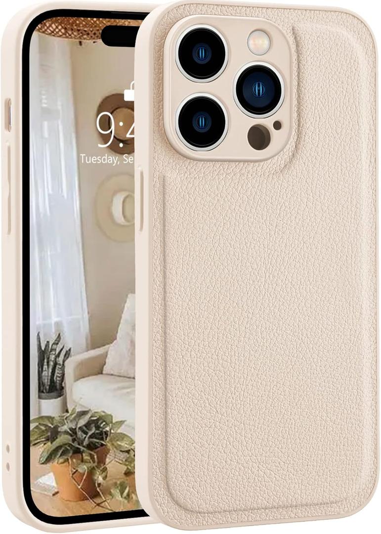 MAYCARI Compatible with iPhone 15 Leather Phone Case for Women, Fashion Girls Solid Luxury Case, Classic Design Shockproof Slim Case Cover, Anti-Scratch Protective Case for iPhone 15 6.1" - Beige