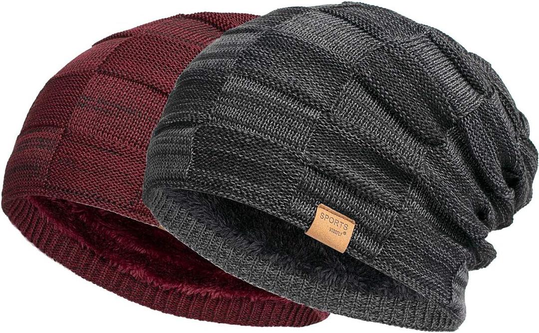Vgogfly Slouchy Beanie for Men Winter Hats for Guys Cool Beanies Mens Lined Knit Warm Thick Skully Stocking Binie Hat Pairs (Black / Wine Red)
