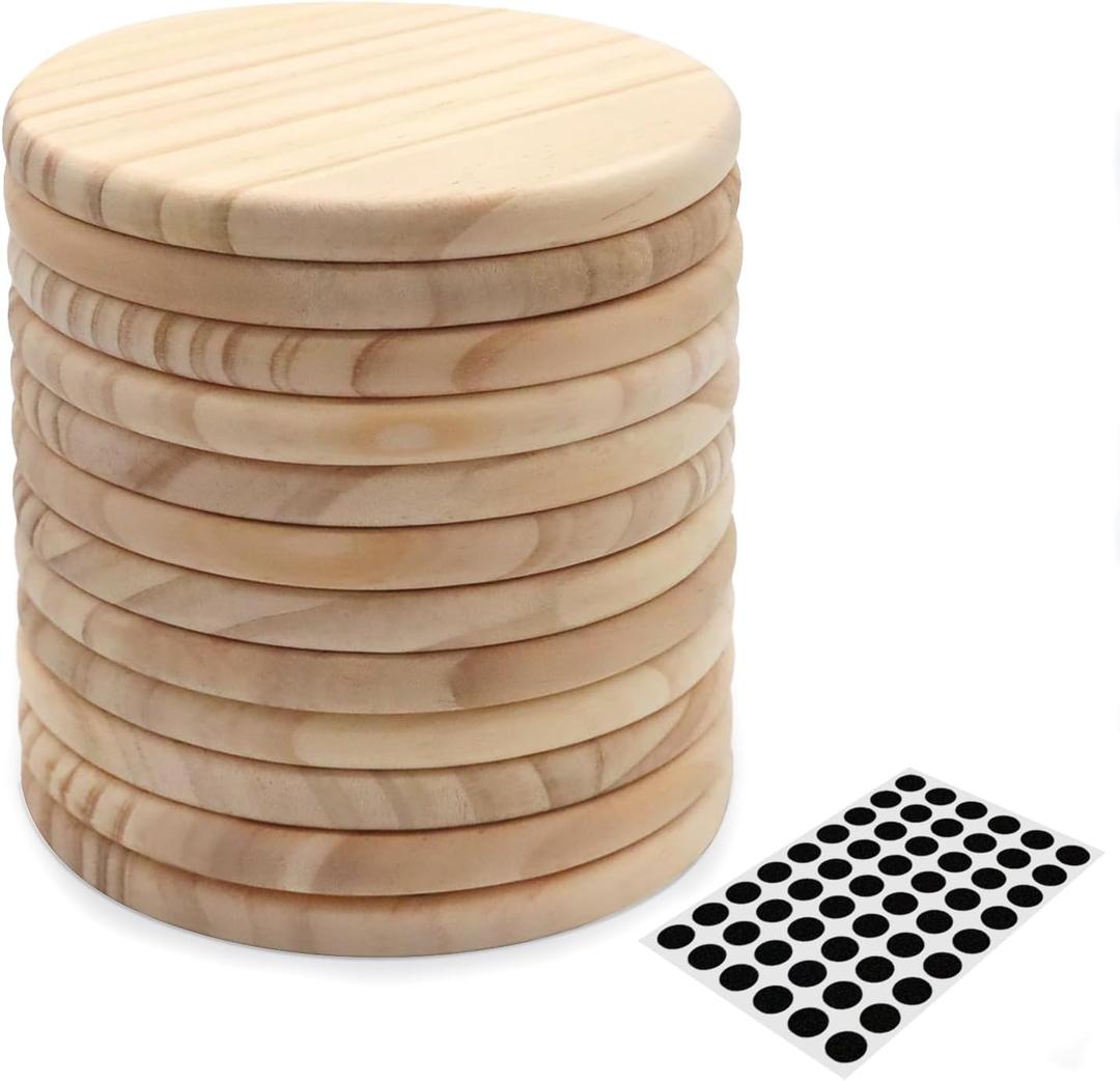 12 PCS Unfinished Round Wood Coasters, SIJDIEE 4 Inch Blank Wooden Coaster Crafts with Non-Slip Silicon Dots for DIY Stained Painting Wood Engraving Home Decoration