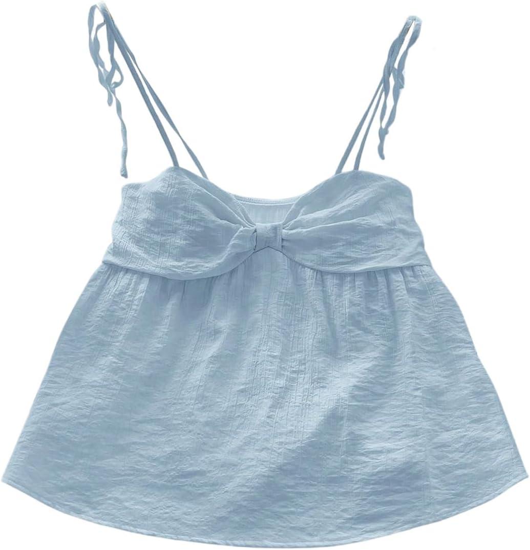 SOLY HUX Women's Summer Cami Tops Tie Shoulder Spaghetti Strap Ruched Peplum Ruffle Camisole Top (Blue, S)