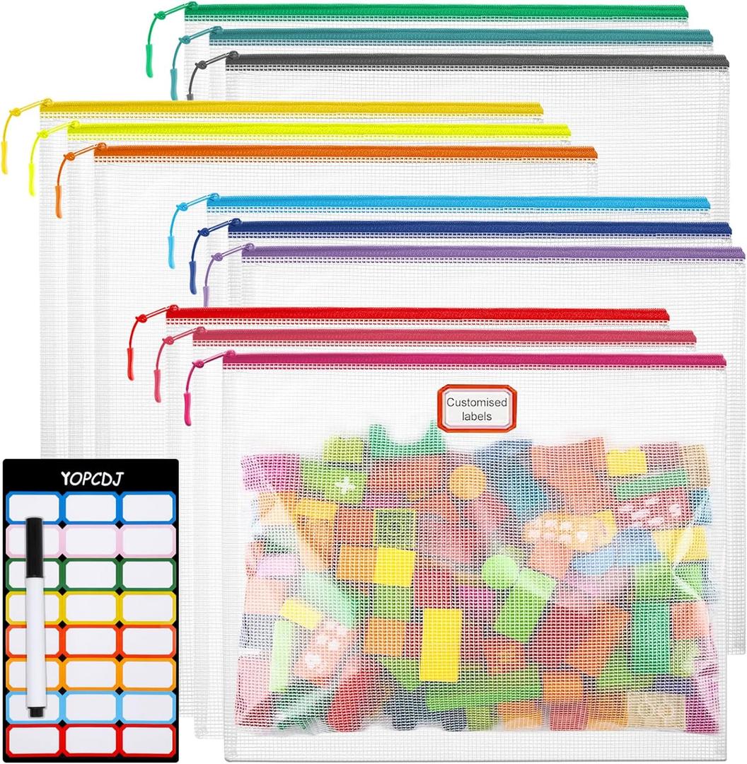 12pcs Mesh Zipper Pouch Bags, A4 Puzzle Bag (12 Colors, 12 Packs) for Organizing, Classroom Must Have Storage Bag, File Bags for School, Board Games and Office Supplies (913)