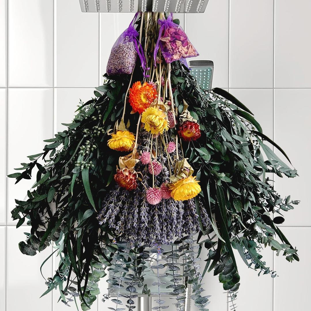 129 PCS Dried Eucalyptus Stems with Lavender Flowers Bundle for Shower,Natural Preserved Eucalyptus Leaves with Chrysanthemum flower Sachet Bundles for Home Wedding Fragrance Bathroom Table Vase Decor