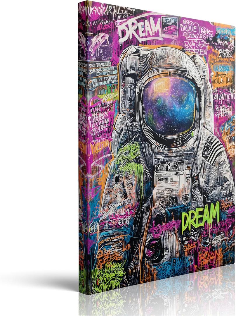 Graffiti Astronaut with DREAM Text Galaxy Visor Canvas Wall Art Framed Banksy Style Painting Prints Posters Artwork for Boys Room Space Themed Wall Decor 12x16 Inches