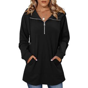 Onlypuff Women Hoodie Pullover Trendy Quarter Zipper Lapel Sweatshirts Drawstring Cute Hooded Tunic Tops with Side Pockets (Black, L)