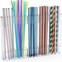 Upgraded 9.6'' Large Acrylic Straw Holder for Cabinet Door, Space-Saving Straw Organizer Storage Dispenser for Cabinet Doors or Countertops, Strong Adhesive Double-sided Tape Included (Clear-5 Compartments)