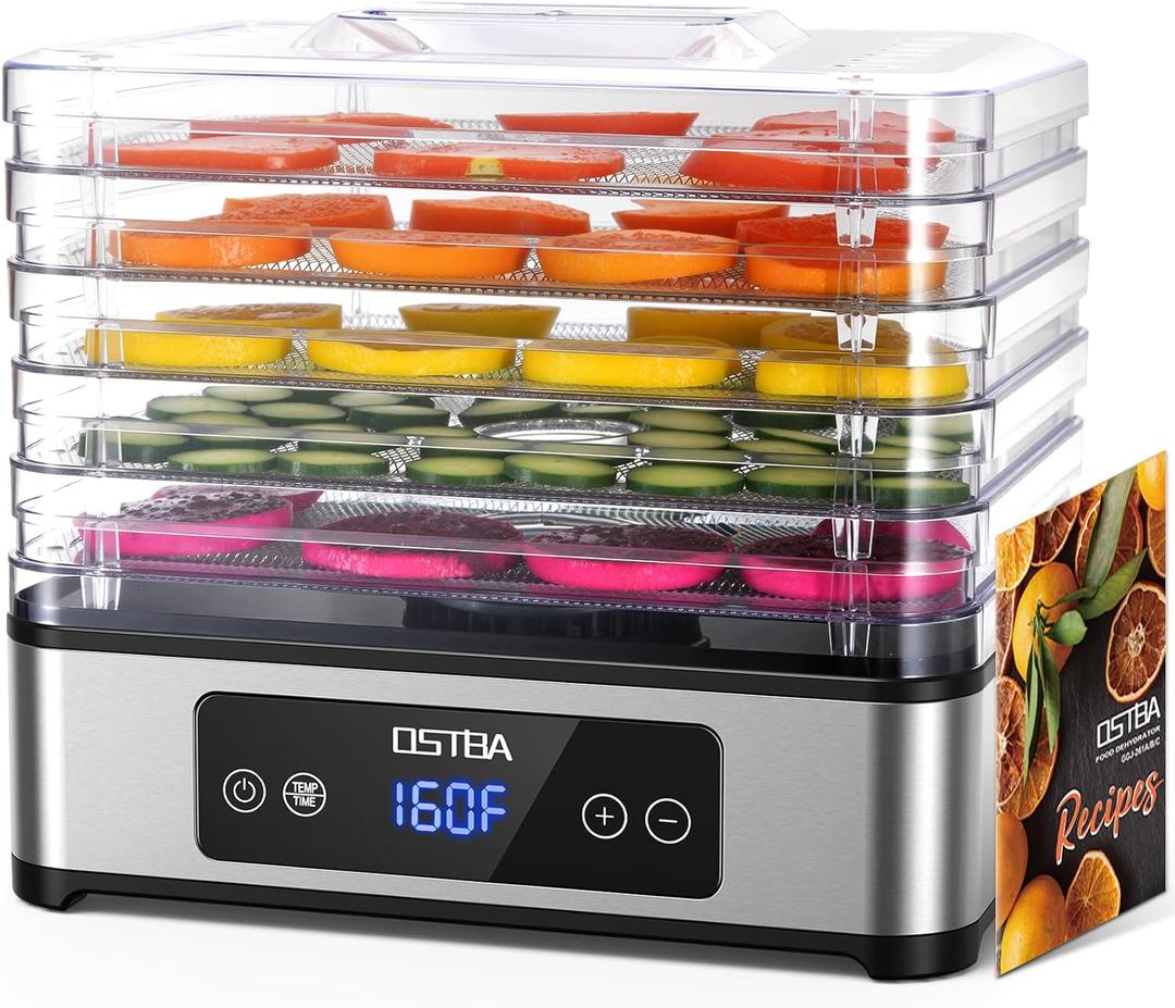 OSTBA Food Dehydrator, 5 Stainless Steel Trays, 48H Timer & Temp Control up to 160F, 400W Food Dryer, Recipe Book for Jerky, Fruit, Meat, Vegetables, Herbs, BPA-Free