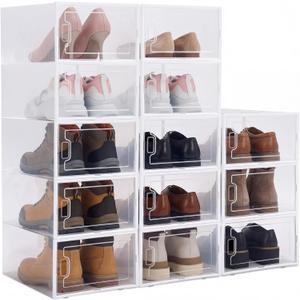CroBlissful 12 Pack Large Shoe Storage Box Fit Size 10 Soft Plastic Closet Clear Shoe Organizer with Lids, Detachable Stackable Connectable Horizontally Vertically Foldable Sneaker Storage Bin