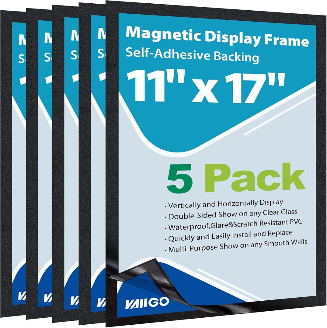 11"x 17" Self Adhesive Magnetic Sign Holder, Double Sided Window Magnetic Display Frame with Clear PVC and Strong Magnetic for Office/Store/Door/Glass/Refrigerator Display Frame(Black, Pack of 5)