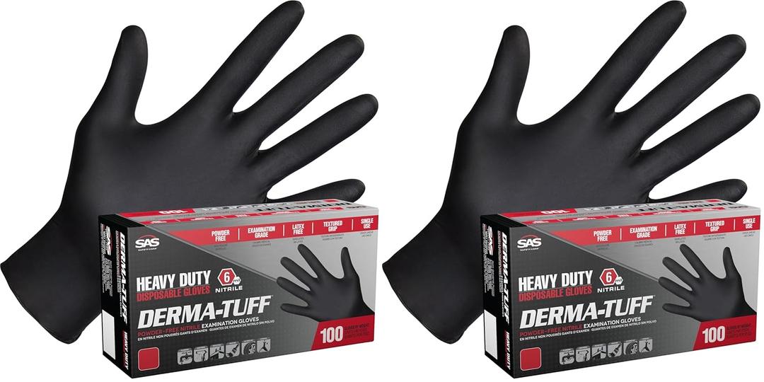 Derma-Tuff Powder Free Nitrile Disposable Gloves | 6 Mil - Med 100 Ct | Latex Free, Chemical + Puncture Resistant, Fully Textured Grip, Beaded Cuff, for Automotive, Maintenance, Industrial | 66587
