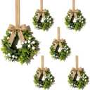 6 Pcs Small Boxwood Hanging Wreaths for Cabinets Artificial Greenery Mini Candle Ring Wreath with White Berries and Burlap Bow Ribbon for Home Kitchen Front Door Window Wall Wedding Farmhouse Decor