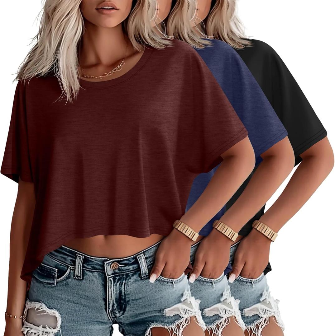 Huukeay 3 Pack Oversized Cropped T Shirts for Women Casual Short Sleeves Crop Tops Crew Neck Irregular Hem Baggy Tees (Size X-Large, Wine Red, Navy Blue, Black)
