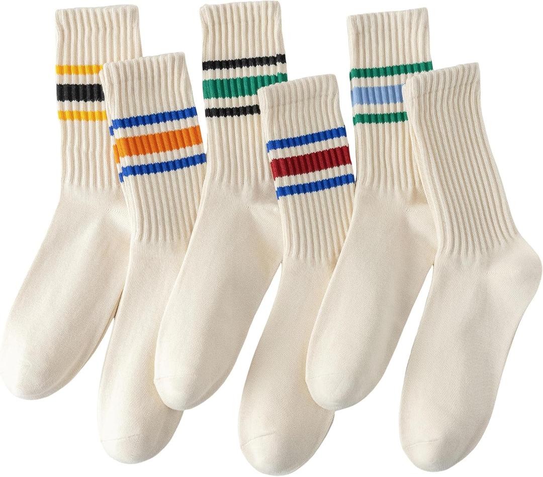 ULEEMARK 6 Pairs Of Neutral Crew Socks, Striped Retro Sports Calf Leather Socks, Casual Cotton Socks For Men & Women7-15 (10-12, Colour 6-pack)