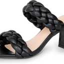 Athlefit Women's Braided Heeled Sandals Summer Square Open Toe Chunky Block Heels (7.5, Black)