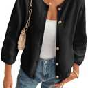 Cicy Bell Womens 3/4 Puff Sleeve Cardigan Sweater Fall Trendy Casual Button Up Loose Fit Cropped Knit Sweaters Black Size M
