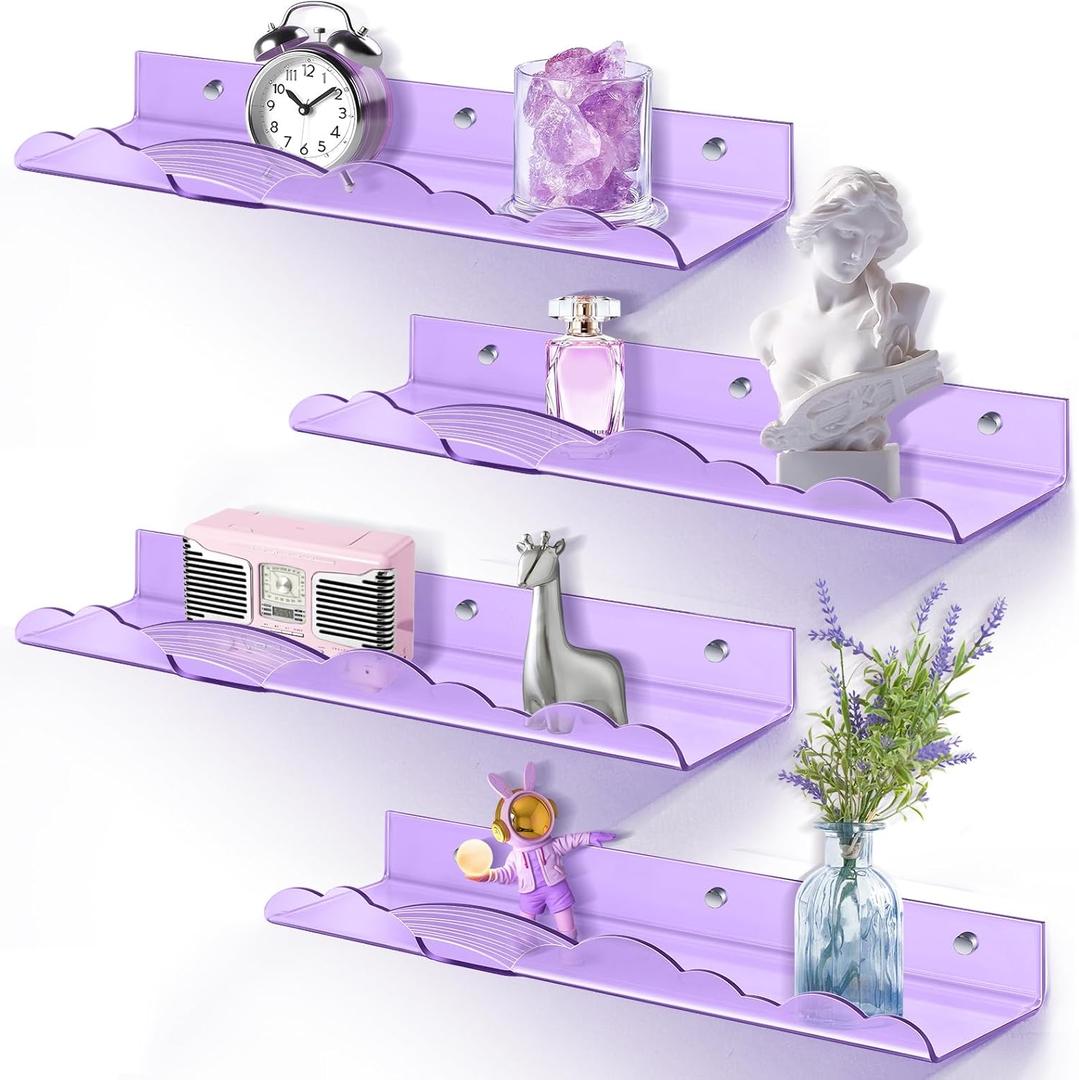 Rainbow Acrylic Floating Shelves, 15in Kids Wall Mounted Nursery Bookshelves, Display Ledge for Books Toys Cosmetic Storage, Bathroom Bedroom Living Room Wall Organizer, 4 Pack, Purple